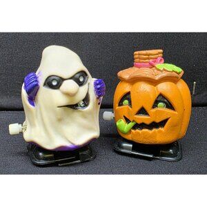 Vintage Set of Halloween Wind-Up Ghost and Pumpkin Walking Toys